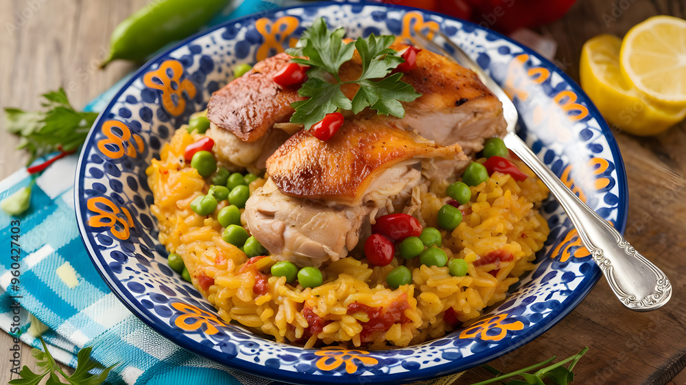 A plate of Spanish arroz con pollo, with saffron rice, chicken thighs, and peas, garnished with pimientos and fresh parsley, served on a colorful ceramic plate. A plate of Spanish arroz con pollo, with saffron rice, chicken thighs, and peas, garnished with pimientos and fresh parsley, served on a colorful ceramic plate.