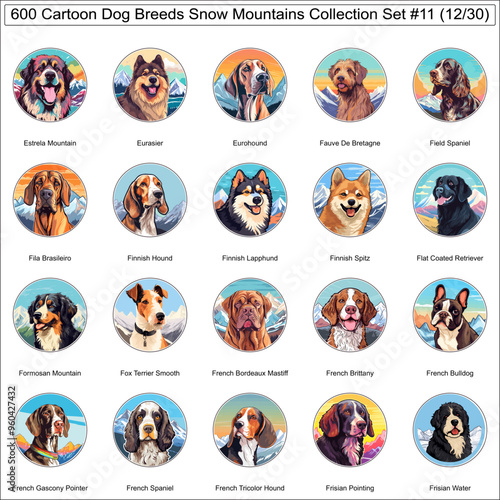 Dog Breeds Cartoon Characters Snow Mountains Bundle Collection Set 11 of 600 Dog Faces Isolated Part 12