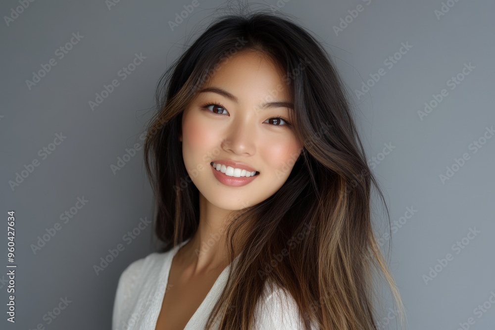 Smiling woman against gray background with long dark hair in natural light Smiling woman against gray background with long dark hair in natural light