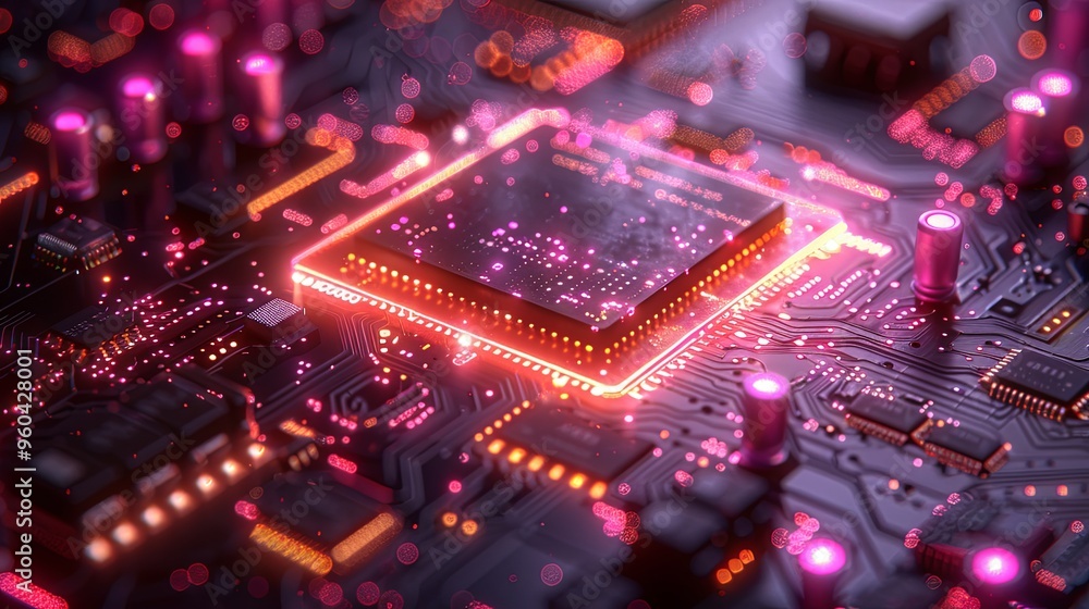 Multicoloured futuristic CPU and processor, quantum and machine learning concept. 3D illustration concept Multicoloured futuristic CPU and processor, quantum and machine learning concept. 3D illustration concept