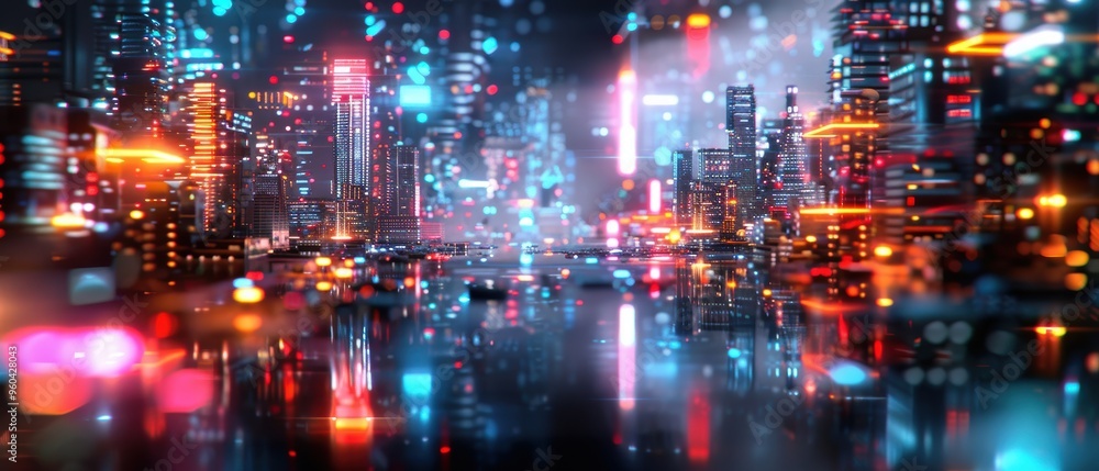 Fototapeta premium Futuristic Cyberpunk Cityscape: - Urban Environment with Detailed Buildings and Neon Lights