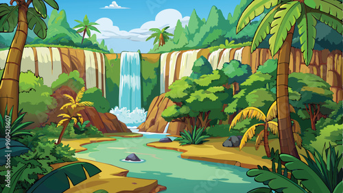 Beautiful waterfall in the tropical forest vector art illustration.