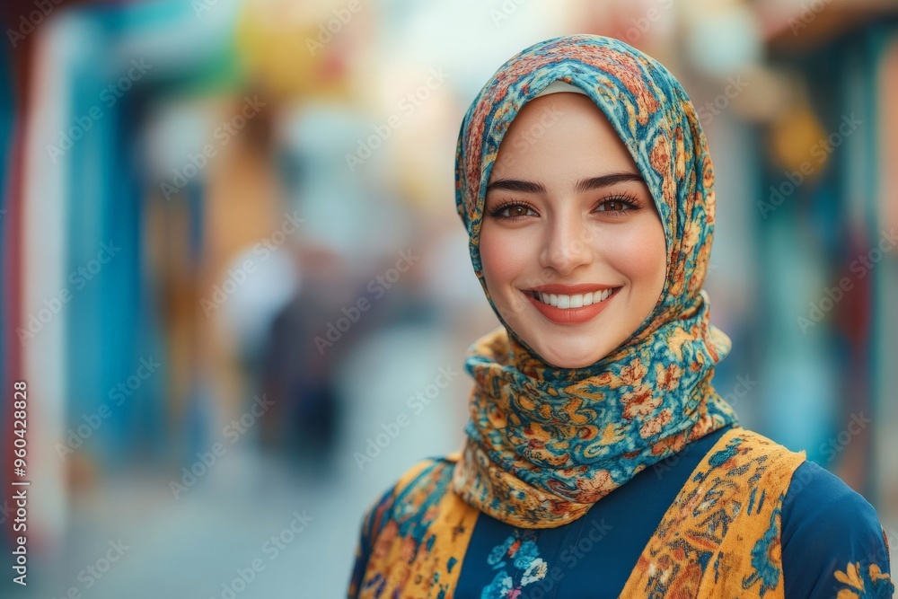 Smiling woman in colorful hijab enjoying a vibrant urban scene Smiling woman in colorful hijab enjoying a vibrant urban scene