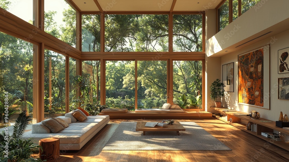 Modern and Bright Living Room with Large Windows and Cozy Seating Area Modern and Bright Living Room with Large Windows and Cozy Seating Area