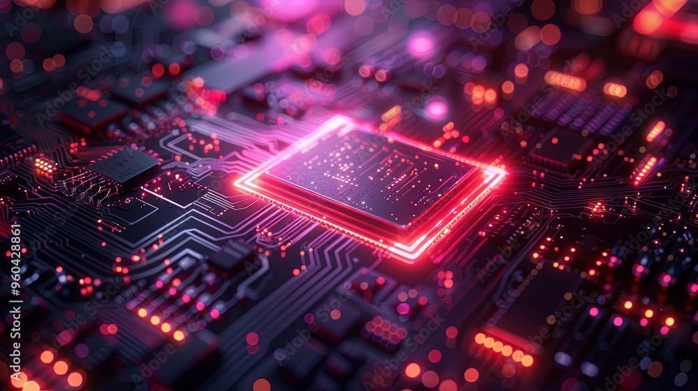 Multicoloured futuristic CPU and processor, quantum and machine learning concept. 3D illustration concept Multicoloured futuristic CPU and processor, quantum and machine learning concept. 3D illustration concept