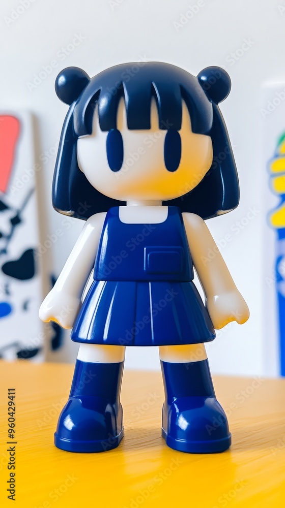 Obraz premium A charming blue figurine poses proudly against a backdrop of colorful art