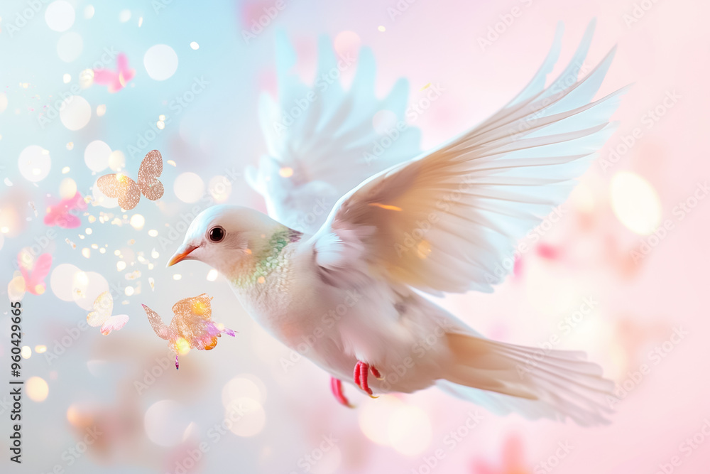 Fototapeta premium A serene white dove takes flight, surrounded by delicate butterflies against a soft, pastel backdrop. The scene captures a moment of peace and beauty in nature