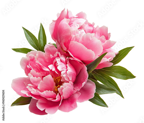 Fototapeta Naklejka Na Ścianę i Meble -  Beautiful pink peonies with green leaves, cut out