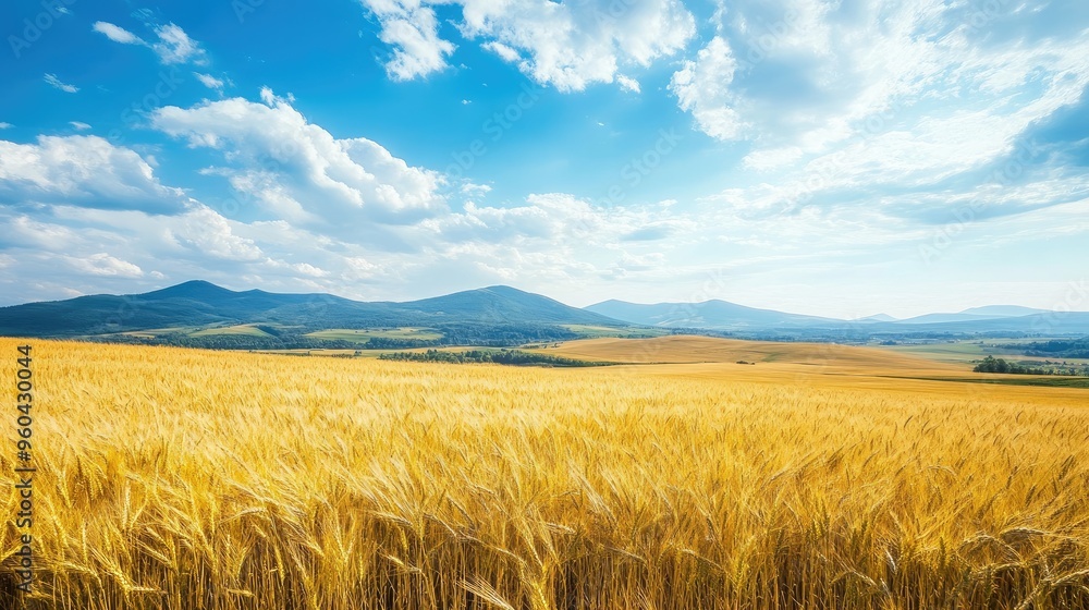 A rolling landscape of golden wheat fields under a bright blue sky, with mountains in the distance. A rolling landscape of golden wheat fields under a bright blue sky, with mountains in the distance.