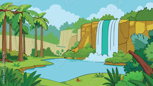 Beautiful waterfall in the tropical forest vector art illustration.