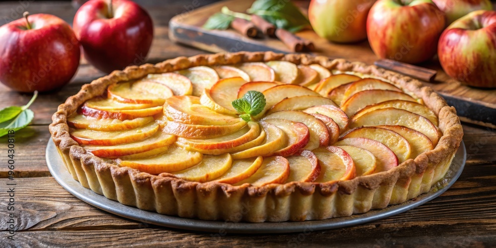 A delicious apple tart with golden crust and fresh apple slices on top with copy space A delicious apple tart with golden crust and fresh apple slices on top with copy space