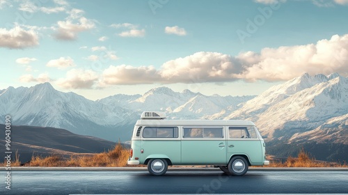 travel vintage camper van driving on the road to the mountains, journey and adventure