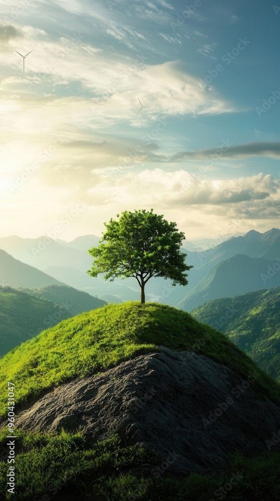 Fototapeta premium A solitary tree stands on a hill surrounded by mountains, illuminated by soft sunlight, creating a serene landscape.