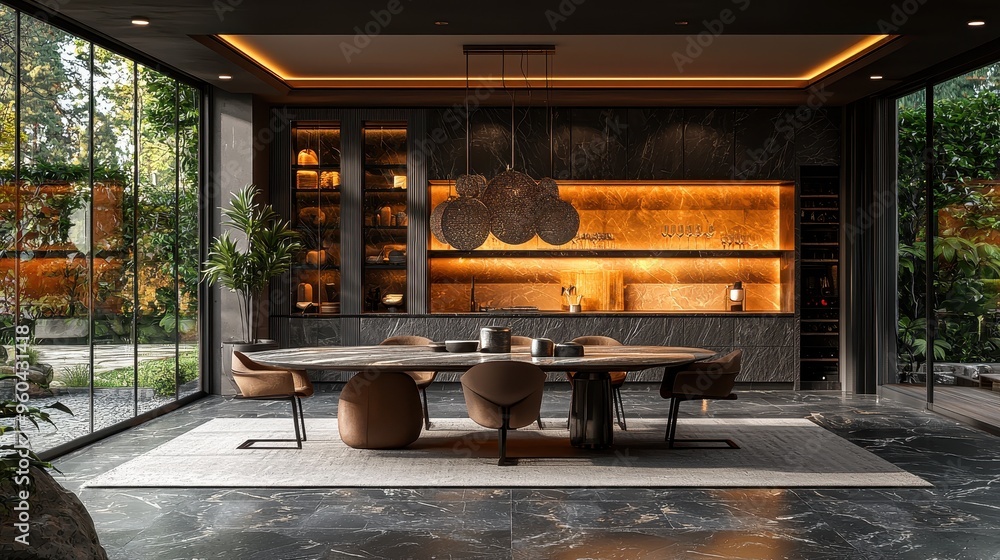 Elegant Dining Space with Contemporary Table, Chic Chairs, and Stunning Chandelier Elegant Dining Space with Contemporary Table, Chic Chairs, and Stunning Chandelier
