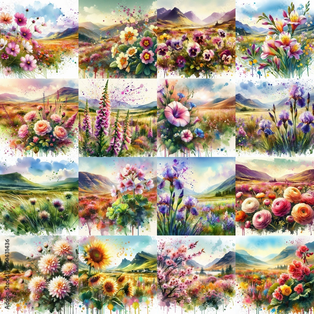 Fototapeta premium watercolor flowers and mountains drawing style floral background. AI generated illustration