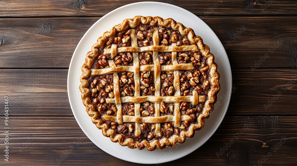Newly baked pecan pie with a lattice crust, presented on a white platter atop a rich wood table Newly baked pecan pie with a lattice crust, presented on a white platter atop a rich wood table
