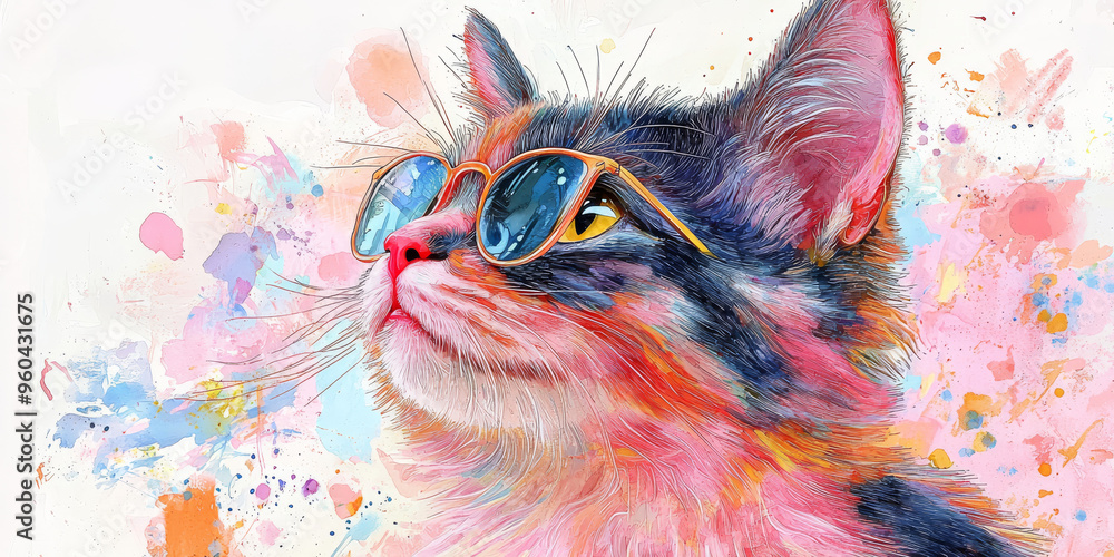 Fototapeta premium A cool cat wearing sunglasses against a colorful watercolor background.