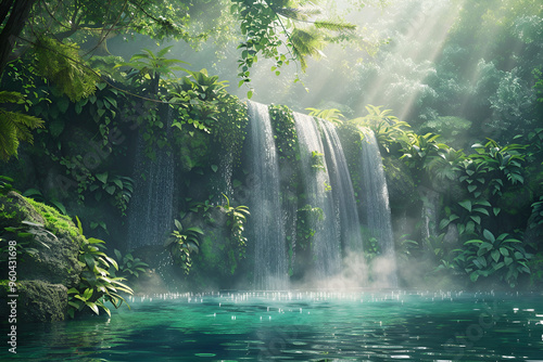 Crystal-clear waterfall cascades through lush green rainforest, tumbling over mossy rocks into a tranquil pool photo