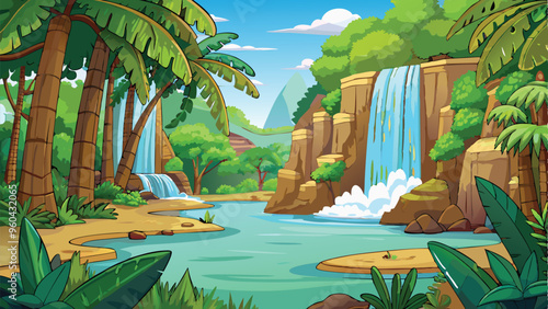 Beautiful waterfall in the tropical forest vector art illustration.