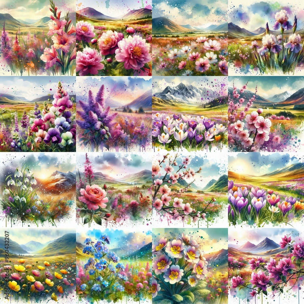 Fototapeta premium watercolor flowers and mountains drawing style floral background. AI generated illustration