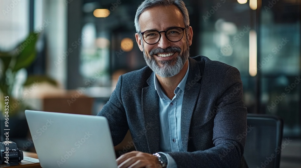 Mature business executive smiles while working on a laptop in a corporate office setting Mature business executive smiles while working on a laptop in a corporate office setting