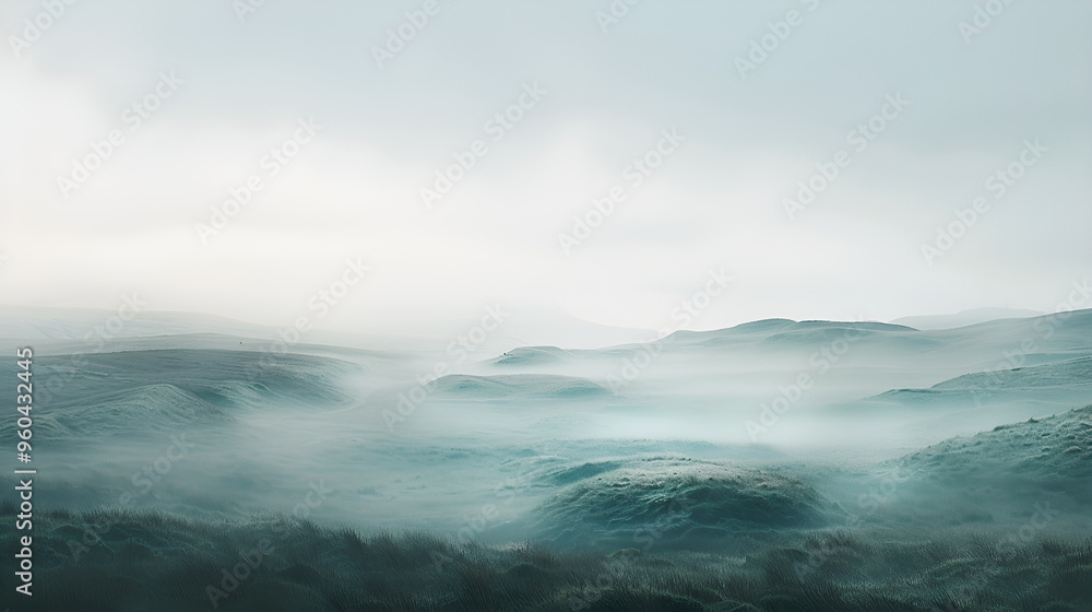 Obraz premium Misty morning fog blankets the mountains, creating a serene and ethereal atmosphere