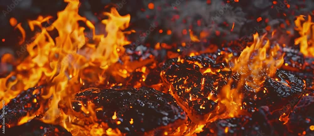 Fiery Embers and Flickering Flames: A Close-Up View of a Burning Fire with Embers Glowing and Sparks Flying Fiery Embers and Flickering Flames: A Close-Up View of a Burning Fire with Embers Glowing and Sparks Flying