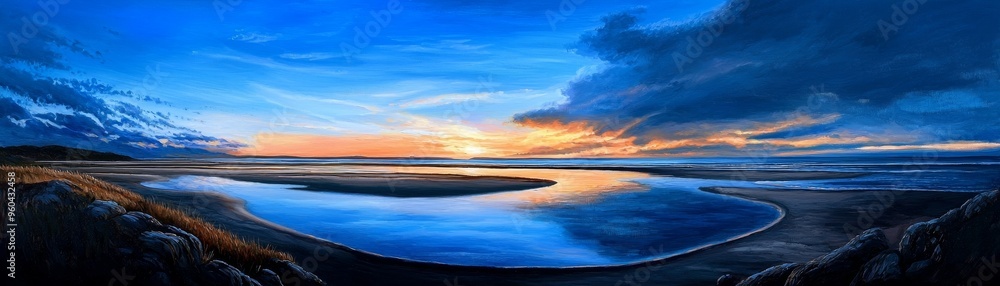 Fototapeta premium Atmospheric, impressionistic painting of a serene sunset over a tranquil seascape, contemporary, atmospheric, color palette, visual ambiance :: soft brushstrokes, evocative mood, visual poetry