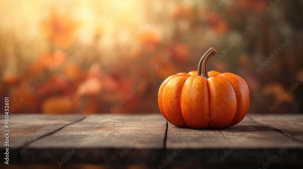 Wooden surface with Halloween pumpkin on blurred rustic countryside seasonal autumn background. Banner with copy space. Template showcase scene for display, montage, advertising product. Wooden surface with Halloween pumpkin on blurred rustic countryside seasonal autumn background. Banner with copy space. Template showcase scene for display, montage, advertising product.