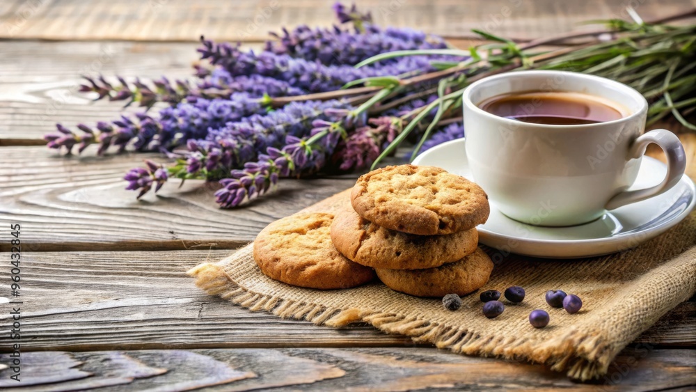 A cozy coffee break with homemade cookies and lavender A cozy coffee break with homemade cookies and lavender