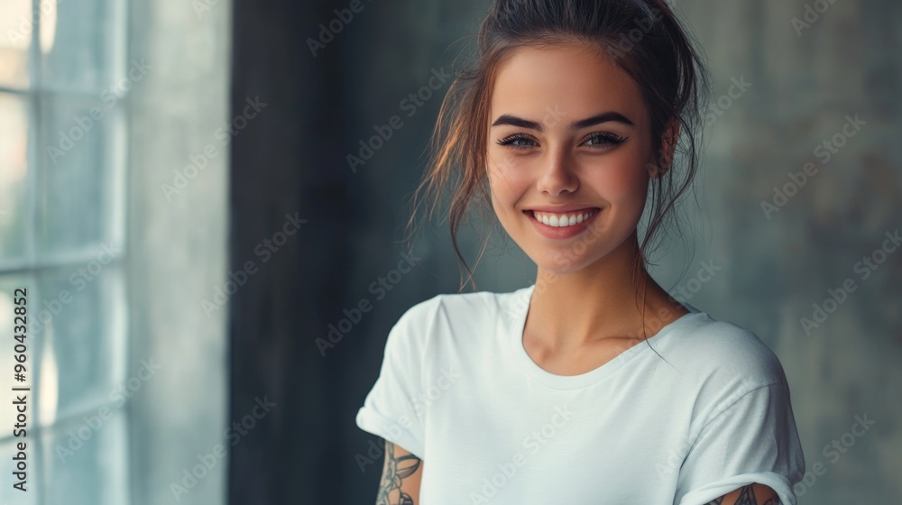 Stylish girl with black and white tattoos in a plain white T-shirt enjoying the moment
