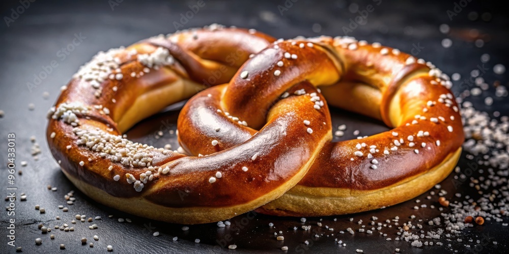 A close-up photo of a large freshly baked pretzel with coarse salt sprinkled on top A close-up photo of a large freshly baked pretzel with coarse salt sprinkled on top