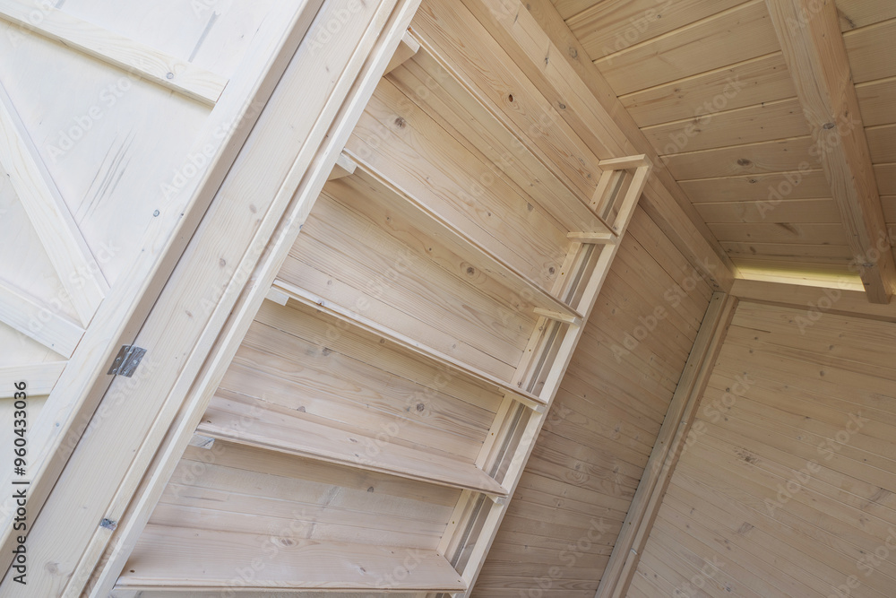 Interior View of a Wooden Structure With Shelves Under Construction in a Sunny Location Interior View of a Wooden Structure With Shelves Under Construction in a Sunny Location