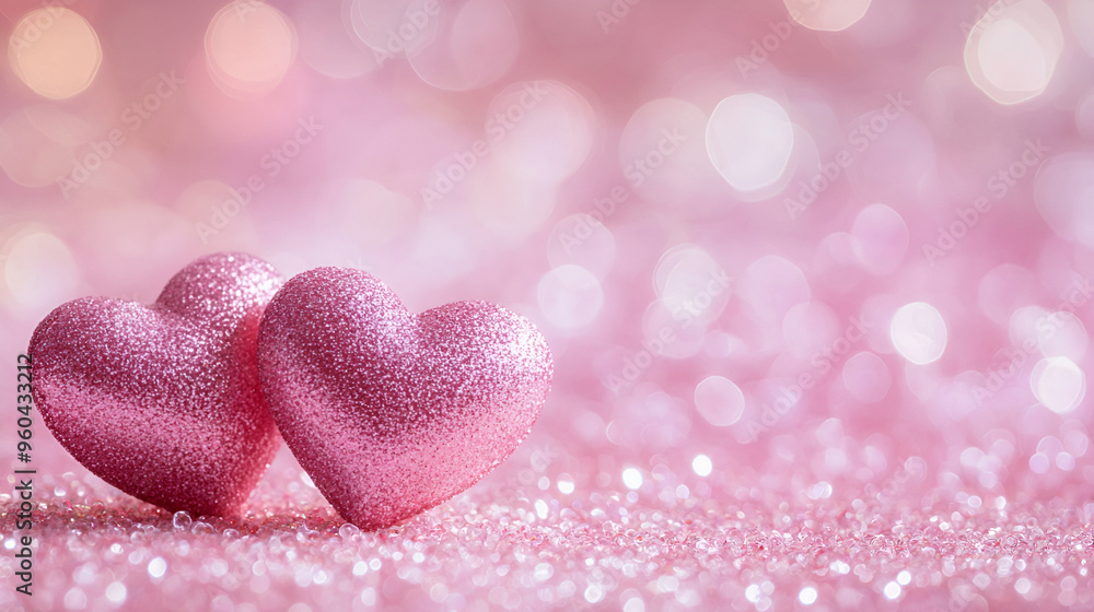 Obraz premium Red Heart shapes on abstract light glitter background in love , A glittering pink heart against a dreamy backdrop of soft focus hearts on light pink background 