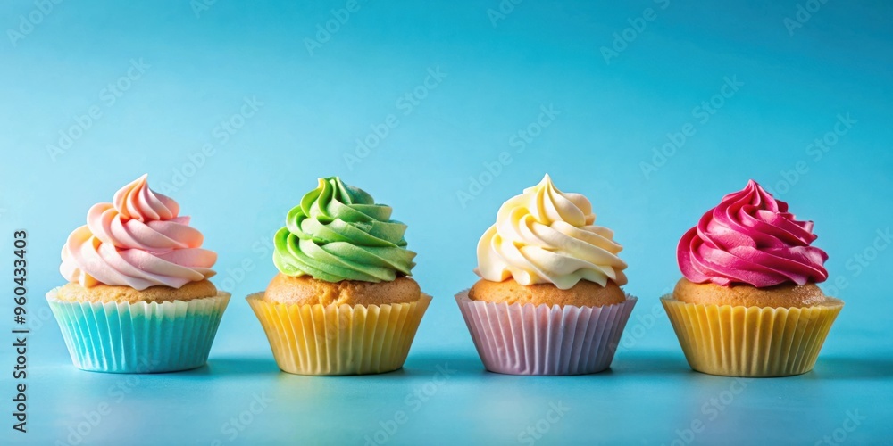 Four colorful frosted cupcakes on a blue background Four colorful frosted cupcakes on a blue background