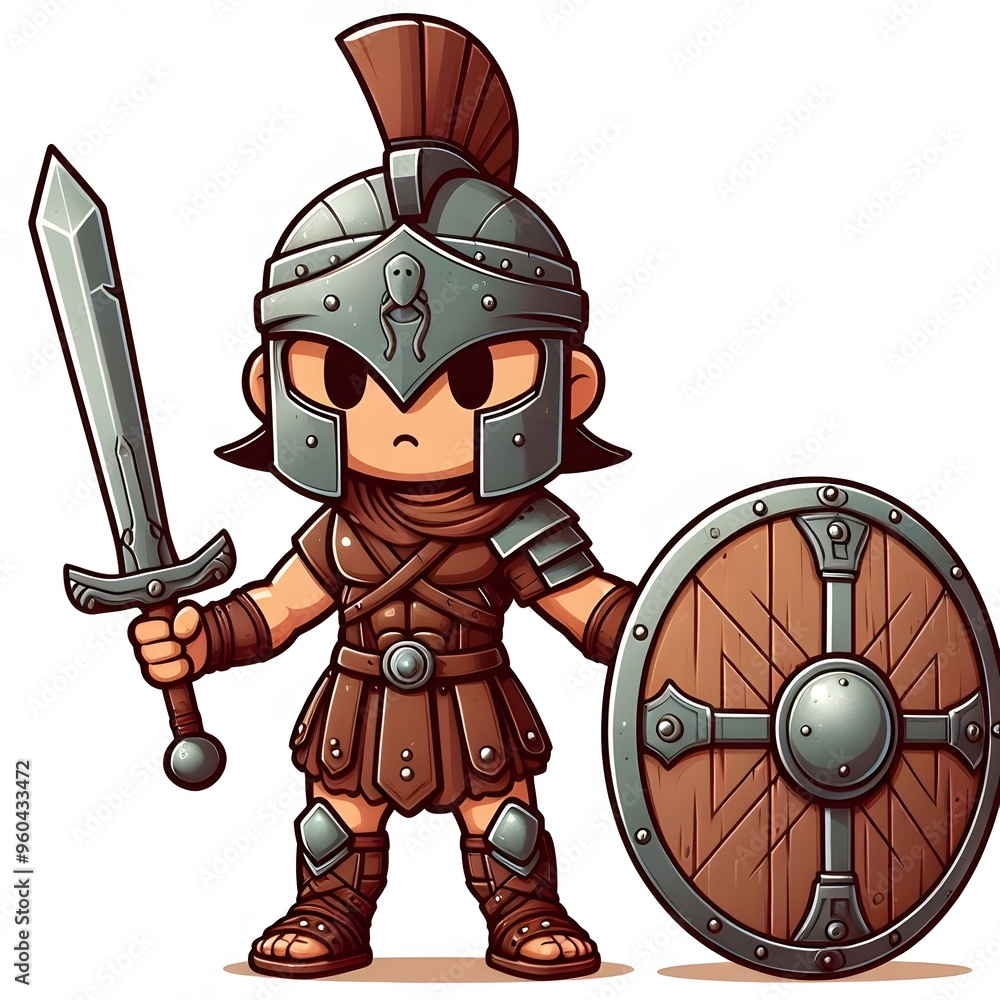 Fototapeta premium Cartoon Spartan Warrior Clipart - Cute Gladiator Character with Sword and Shield