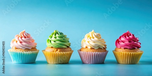 Four colorful frosted cupcakes on a blue background