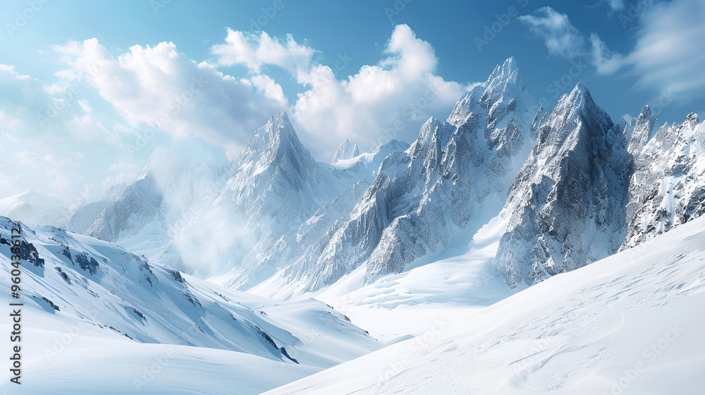 Fototapeta premium Panoramic alpine vista with snow-capped peaks under a clear blue sky