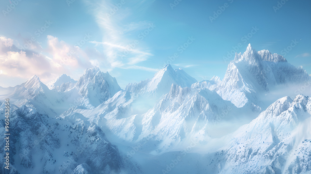 Panoramic view of snow-capped Alps with towering peaks and a vast winter landscape Panoramic view of snow-capped Alps with towering peaks and a vast winter landscape