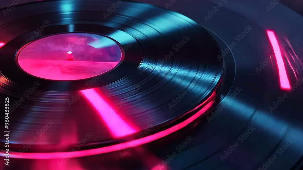 Experience the mesmerizing spinning vinyl record with vibrant light reflections in a stylish setting