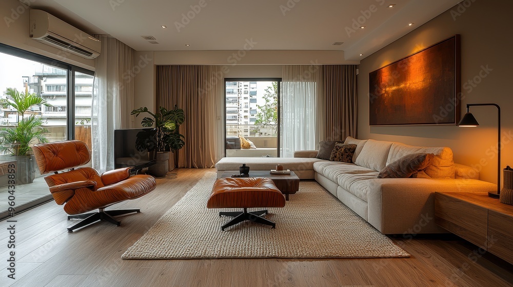 Fototapeta premium Inviting Cozy Apartment Interior with Soft Furnishings, Warm Lighting, and Contemporary Artwork