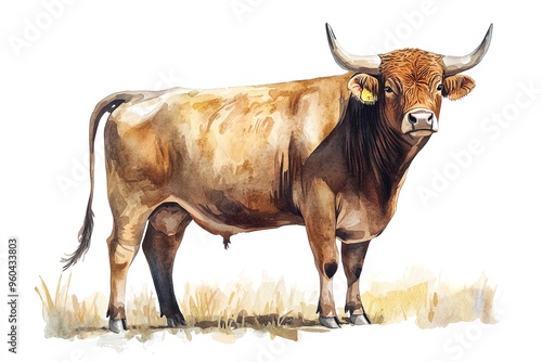 A watercolor illustration of a bull standing in a dusty field, farm animal, strong and majestic, bold earth tones, isolated on white background