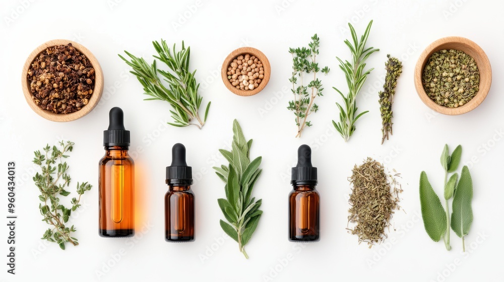 Close-up of various herbal remedies including tonics oils and dried herbs arranged on a white background Close-up of various herbal remedies including tonics oils and dried herbs arranged on a white background