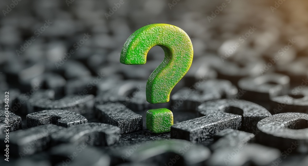 Focused Question Image 3D Rendering of Green Question Mark in Focus Among Grey Question Marks ...