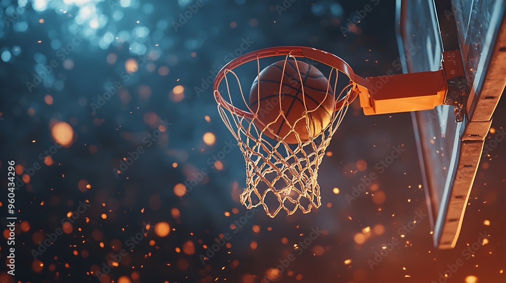 A basketball swishes through the net, surrounded by orange sparks. A basketball swishes through the net, surrounded by orange sparks.