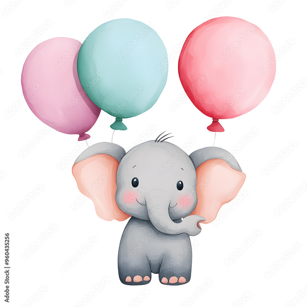 Cute Elephant Holding Balloons Watercolor Illustration Cute Elephant Holding Balloons Watercolor Illustration
