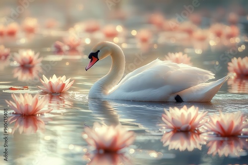 ethereal swan gliding on flowerfilled lake delicate water lilies shimmering surface dreamy sky reflection magical atmosphere harmony of nature and grace photo