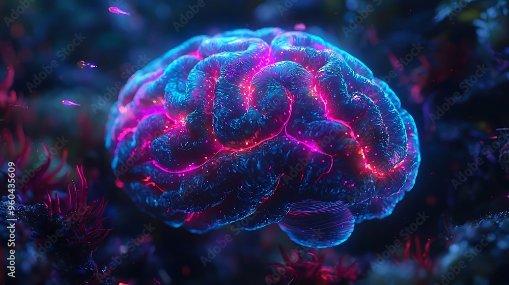 An abstract, glowing brain with a futuristic background. An abstract, glowing brain with a futuristic background.