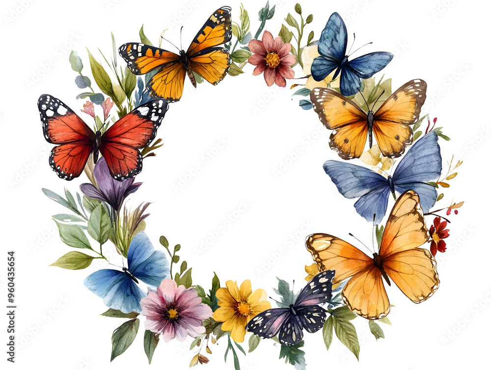 Fototapeta premium Watercolor Butterfly Floral Wreath Illustration