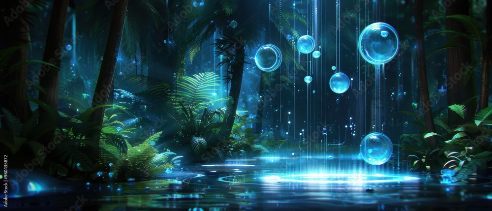 Obraz premium Enchanted Valley: Mystical Landscape with Floating Orbs and Illuminated Flora
